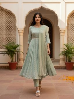 Rangita - Green Rayon Printed Anarkali Kurta with Pant and Dupatta