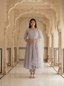 Rangita - Lavender Rayon Printed Anarkali Kurta with Pant and Dupatta