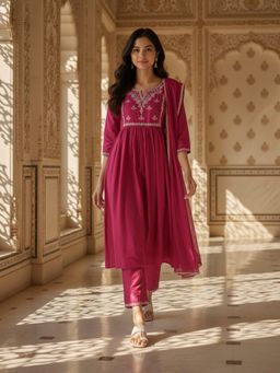 Rangita - Pink Viscose Embroidered Anarkali Kurta with Pant and Dupatta