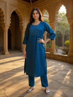 Rangita - Navy Blue Poly Viscose Embroidered Anarkali Kurta with Pant