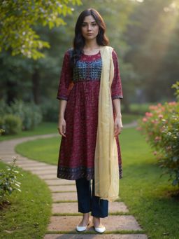Rangita - Maroon Poly Viscose Embroidered Anarkali Kurta with Pant and Dupatta