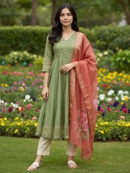 Rangita - Green Poly Viscose Embroidered Anarkali Kurta with Pant and Dupatta