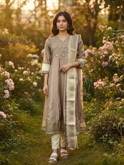 Rangita - Beige Poly Viscose Embroidered Anarkali Kurta with Pant and Dupatta
