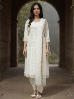 Rangita - Cream Poly Viscose Embroidered Anarkali Kurta with Pant and Dupatta