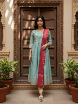 Rangita - Green Poly Viscose Embroidered Anarkali Kurta with Pant and Dupatta