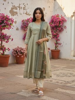 Rangita - Beige Poly Viscose Embroidered Anarkali Kurta with Pant and Dupatta