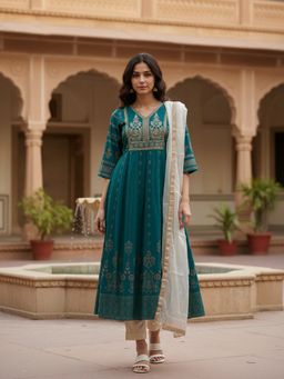 Rangita - Teal Poly Viscose Embroidered Anarkali Kurta with Pant and Dupatta