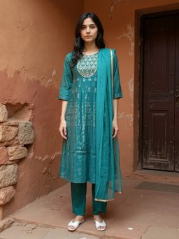 Rangita - Teal Poly Viscose Embroidered Anarkali Kurta with Pant and Dupatta
