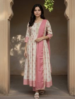 Rangita - Peach Poly Viscose Embroidered Anarkali Kurta with Pant and Dupatta