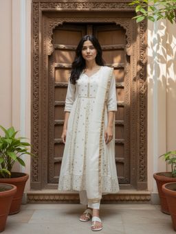 Rangita - White Poly Viscose Embroidered Anarkali Kurta with Pant and Dupatta