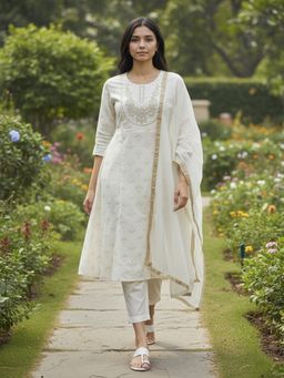 Rangita - White Poly Viscose Embroidered Anarkali Kurta with Pant and Dupatta