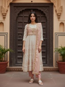 Rangita - Off White Poly Viscose Embroidered Anarkali Kurta with Pant and Dupatta