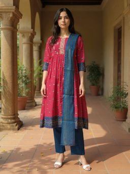 Rangita - Pink Poly Viscose Embroidered Anarkali Kurta with Pant and Dupatta