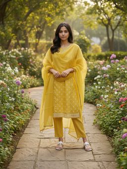 Rangita - Mustard Chanderi Embroidered Anarkali Kurta with Pant and Dupatta