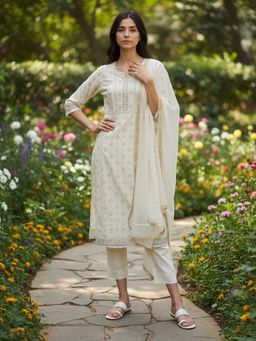 Rangita - Cream Chanderi Embroidered Anarkali Kurta with Pant and Dupatta