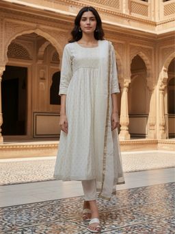 Rangita - White Poly Viscose Embroidered Anarkali Kurta with Pant and Dupatta