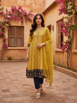 Rangita - Yellow Poly Viscose Printed Anarkali Kurta with Pant and Dupatta