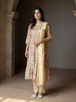 Rangita - Beige Poly Viscose Embroidered Anarkali Kurta with Pant and Dupatta