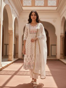 Rangita - Off White Cotton Embroidered Anarkali Kurta with Pant and Dupatta