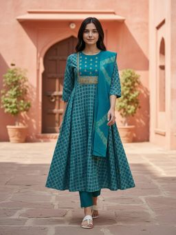 Rangita - Teal Rayon Embroidered Anarkali Kurta with Pant and Dupatta