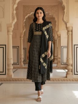 Rangita - Black Rayon Embroidered Anarkali Kurta with Pant and Dupatta