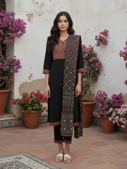 Rangita - Black Cotton Embroidered Anarkali Kurta with Pant and Dupatta