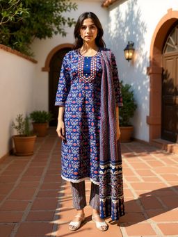 Rangita - Blue Cotton Embroidered Kurta with Pant and Dupatta