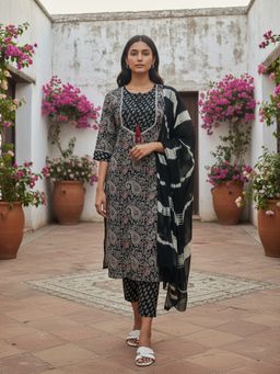 Rangita - Black Rayon Printed Straight Kurta with Pant and Dupatta