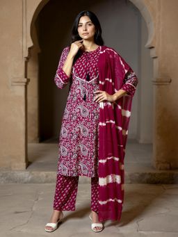 Rangita - Red Rayon Printed Straight Kurta with Pant and Dupatta