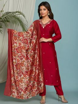 Rangita - Red Viscose Poly Embroidered Straight Kurta with Pant and Dupatta
