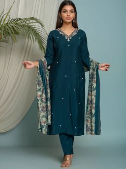 Rangita - Teal Viscose Poly Embroidered Straight Kurta with Pant and Dupatta
