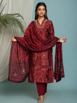 Rangita - Red Poly Viscose Embroidered Straight Anarkali Kurta with Pant and Dupatta