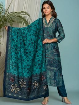 Rangita - Teal Poly Viscose Embroidered Straight Anarkali Kurta with Pant and Dupatta