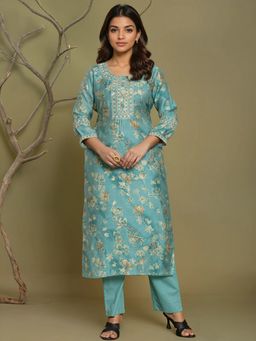 Rangita - Blue Viscose Poly Embroidered Straight Kurta with Pant