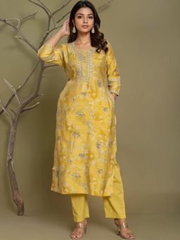 Rangita - Yellow Viscose Poly Embroidered Straight Kurta with Pant