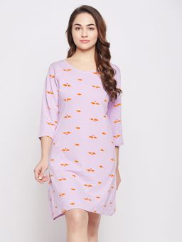 Clovia - Pretty Printed Short Night Dress - 100 Percent Cotton -Purple