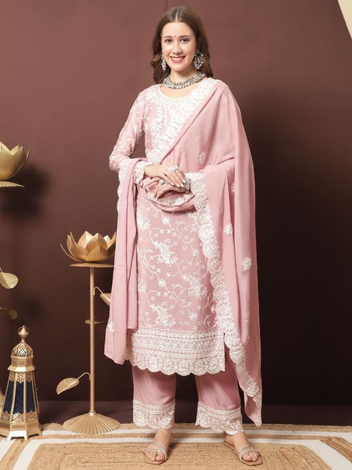 Buy Stylee LIFESTYLE Pink Chinon Chiffon Embroidered Dress Material Online