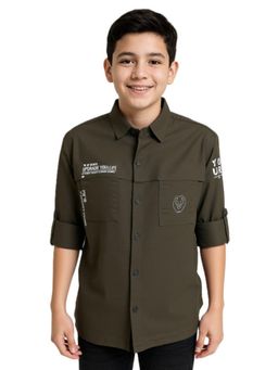 CAVIO - Olive Boys Cotton Regular Fit Spread Collar Plain Shirt
