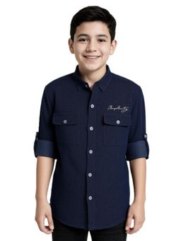 CAVIO - Navy Blue Boys Cotton Regular Fit Spread Collar Plain Shirt