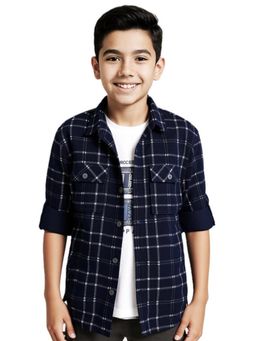 CAVIO - Navy Blue Boys Cotton Checks Shirt with T-Shirt