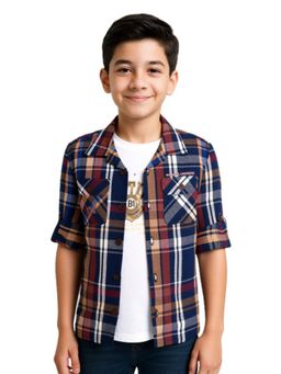 CAVIO - Navy Blue Boys Cotton Checks Shirt with T-Shirt