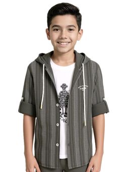 CAVIO - Boys Cotton Striped Full Sleeves Checks Hooded Shirt & T-Shirt