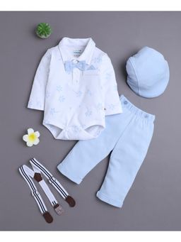 Bumzee - White Boys Bodysuit Pant with Suspender and Cap