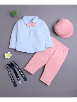 Bumzee - Pink Boys Shirt Pant Set with Suspender and Cap