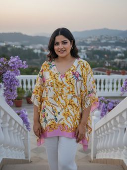Qurvii - Yellow Chain Print Short Kaftan Top