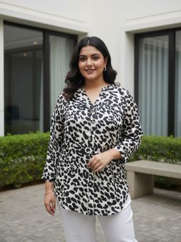 Qurvii - White Animal Print Half Placket Satin Shirt