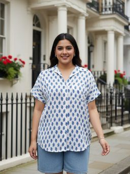 Qurvii - White N Blue Block Print Drop Shoulder Shirt