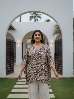 Qurvii - Brown Zebra Print Satin Asymmetrical Hemline Kaftan Top