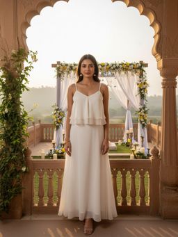 Qurvii - Ivory Georgette V Neck Ruffle Dress