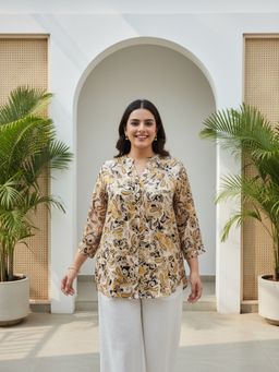 Qurvii - Beige Mandarin Collar Half Placket Satin Shirt